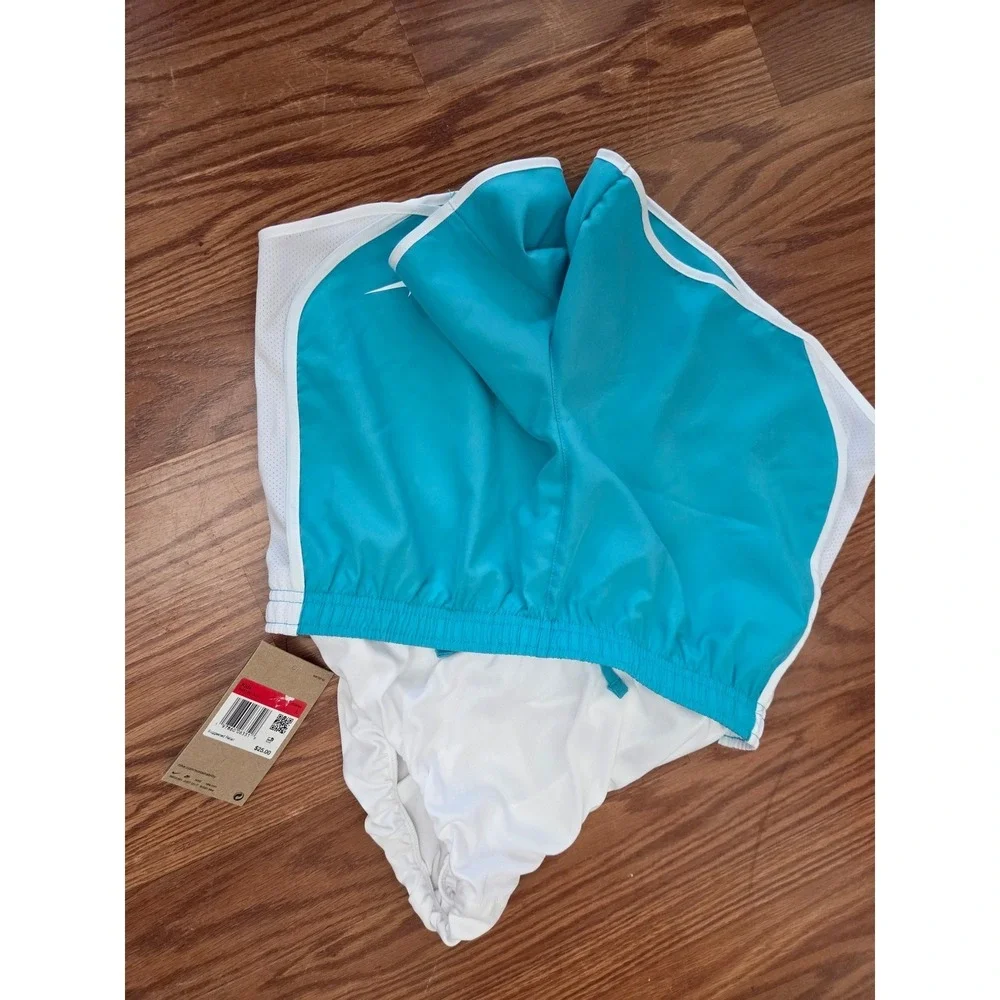 Nike Kids Girls Dry Tempo Running Shorts Teal Blue White 848276-413‎ Size L
